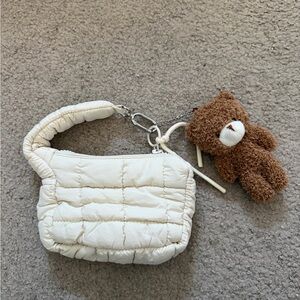 White Quilted Mini Bag Charm with Brown Teddy Bear